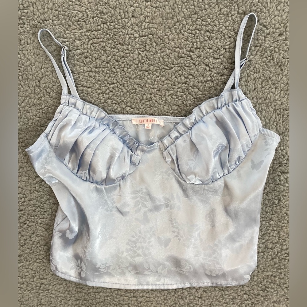Lottie Moss Baby Blue Metallic Nature Crop Camisole Women’s Shirt Size S